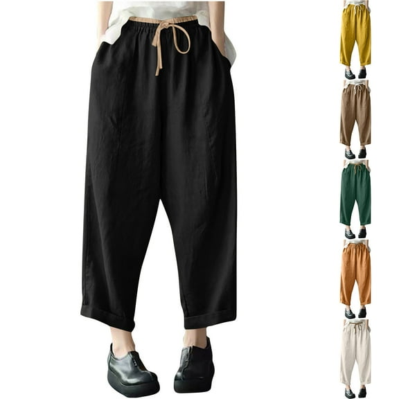 XPMWRP Women's Cotton Linen Wide Leg Palazzo Lounge Cropped Pants Lightweight Drawstring Waist Harem Capri Pants with Pockets Black M