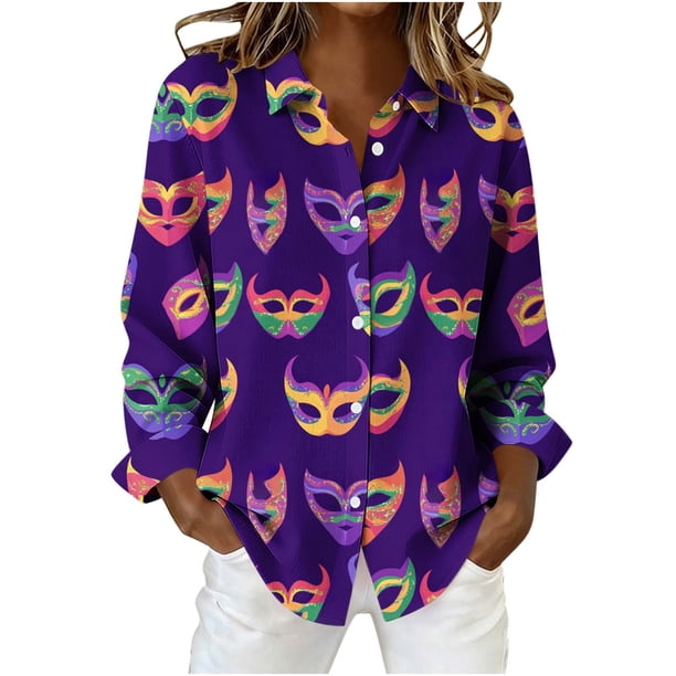 Camisetas de Cuello en V de Manga Larga para las Mujeres Botón de Impresión de Navidad Delantera Blusa Casual Top