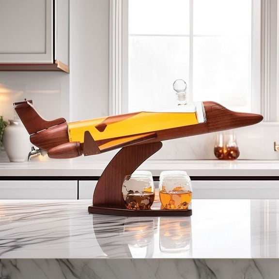 Sporty's Aviation Gifts 69oz Wooden Decanter,  Deluxe Corporate Jet Glass Set