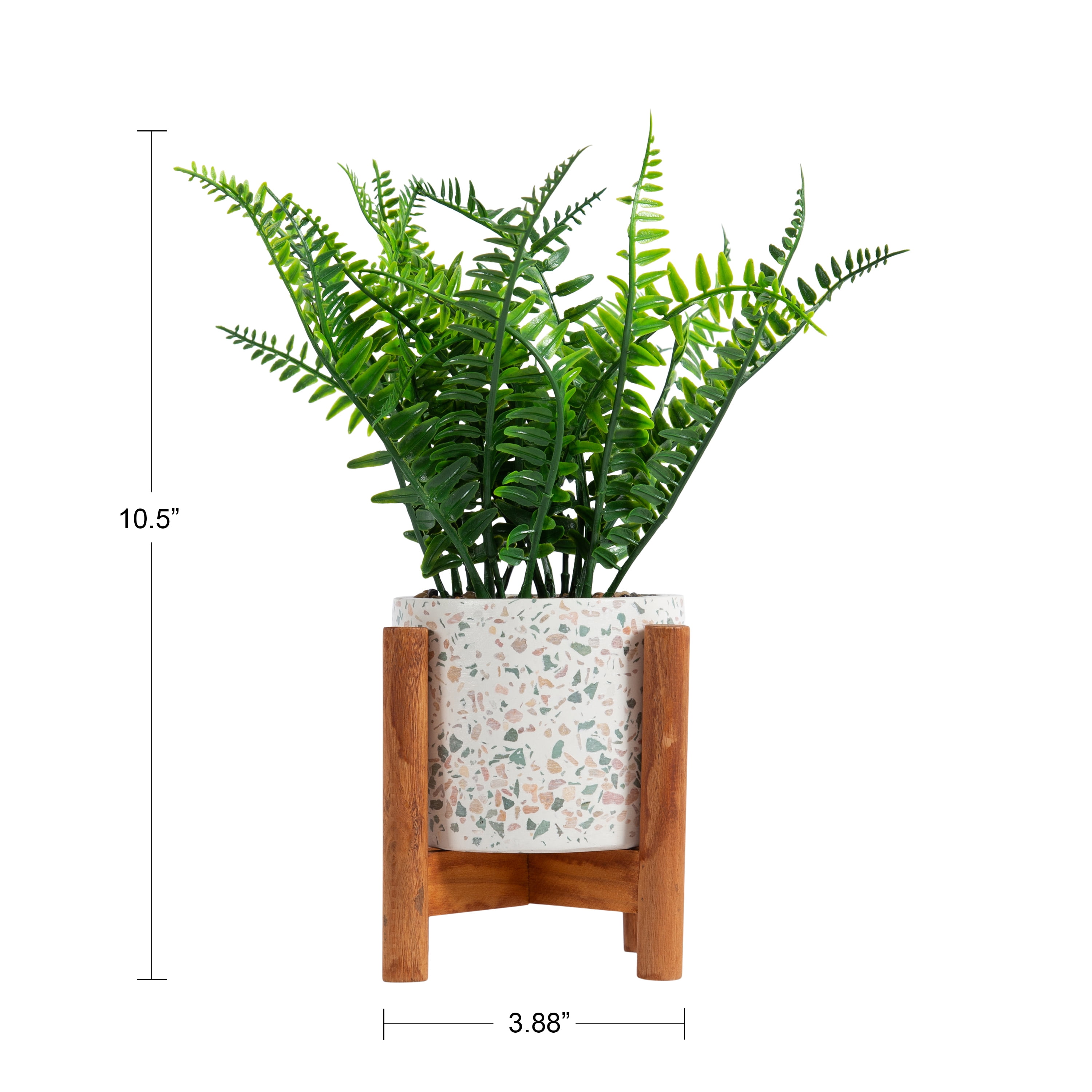 Design Ovation 10.5” x 3.875” Artificial Fern in Terrazo w/ Wooden Stand Plant Container