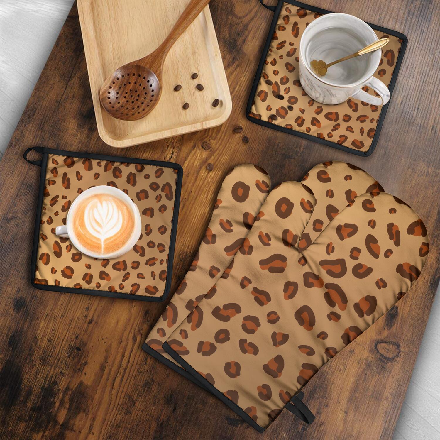 Leopard Print Oven Mitts and Pot Holders Set Of 4, Heat Resistant Kitchen Gloves with Non-Slip Grip, Hanging Loop, Soft Cotton Lining for Baking, Cooking, Grilling, Barbecue