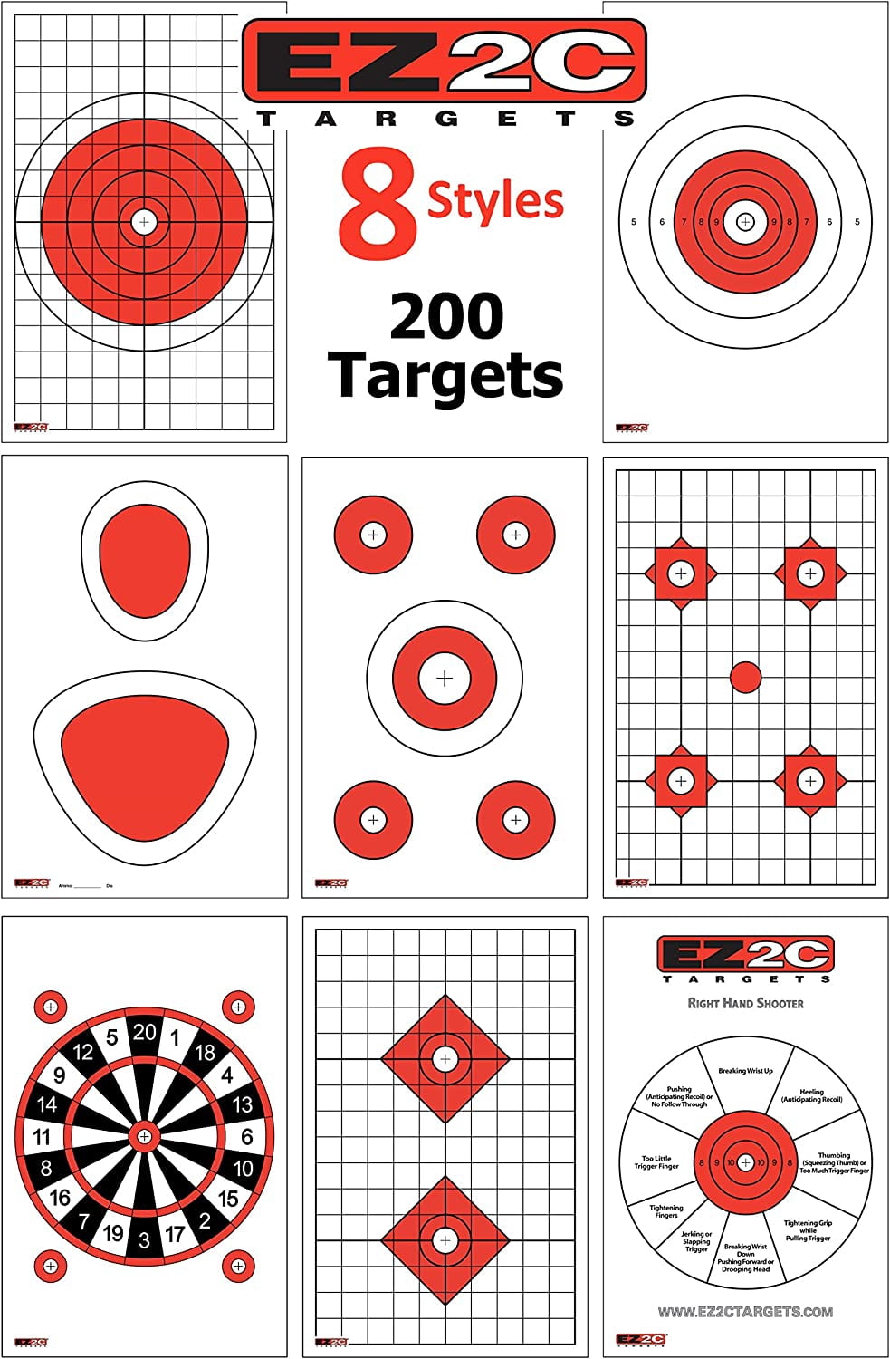 200 EZ2C Targets - Eight Most Popular Styles Combo Package Paper Shooting Targets for Range