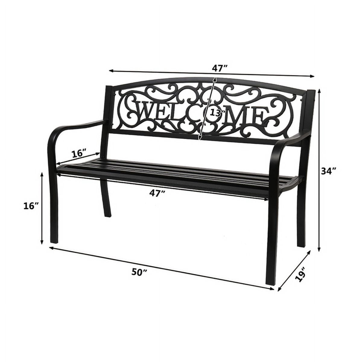 50" Black Outdoor Welcome Bench&nbsp;- 750lb Capacity Weather-Resistant Iron Bench w/ Curved Armrests & PVC Slats - Easy Assembly Patio Seating