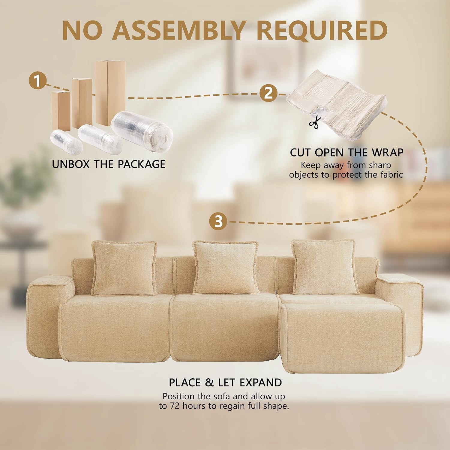 109" 3-Seat Modular U-Shaped Sectional Sofa, Light Camel Velvet with Throw Pillows, No Assembly Required