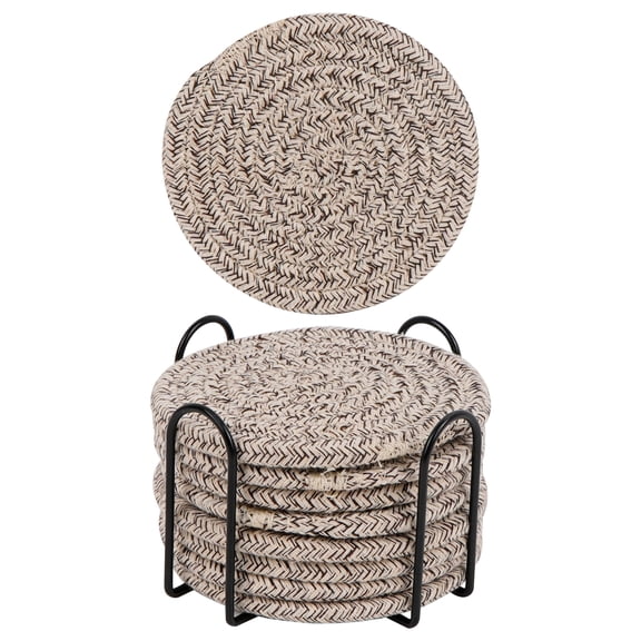 8 Pack Boho Drink Coasters with Holder – Round Absorbent Braid Woven Coasters, Rustic Cup Mats Tabletop Bar Decor for Coffee, Drinks and Glassware (Grey)