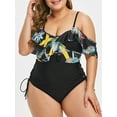 thumbnail image 1 of Rosegal Women Swimwear Plus Size Palm Print Lace Up Ruffled One-piece Swimsuit Black 3X, 1 of 4
