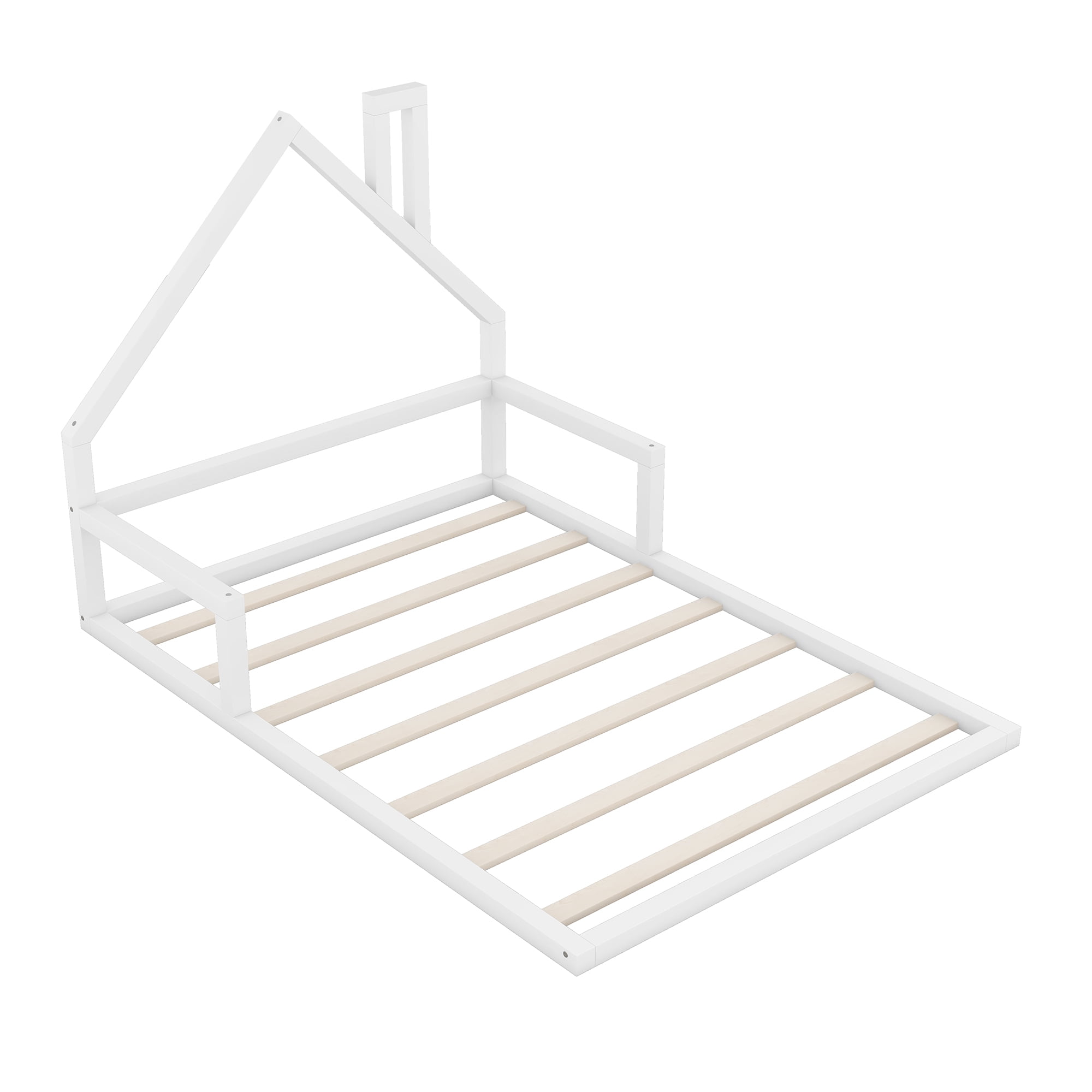Euroco Full Size Wood Floor Bed for Kids Room, White