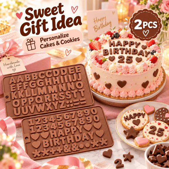 2pcs Silicone Chocolate Molds - Alphabet Number Symbol Shapes Baking Molds, Non-Stick Fondant Candy Molds, Reusable Baking Tool for Birthday Desserts Chocolate Treats & Cake Decor, Coffee