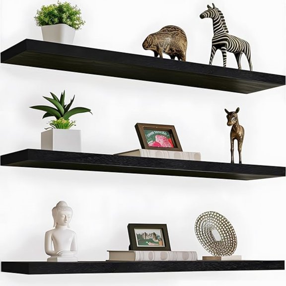 36 Inch Wood Floating Shelves for Wall, Wooden Wall Shelves for Bedroom, Set of 4 Black