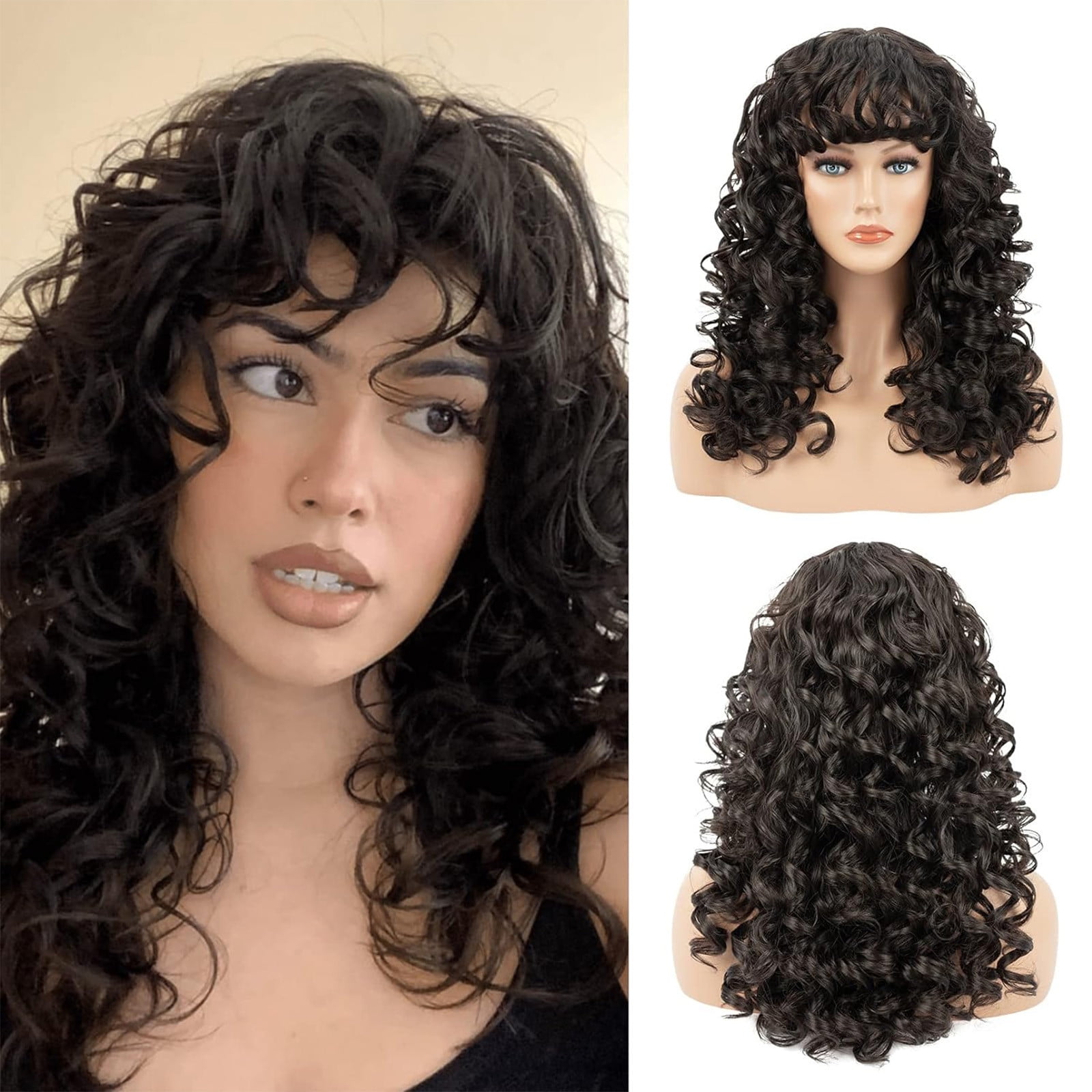 YSGFHGJW Wigs for Black Women,Long Curly Wig With Bangs Hair Wig For Women Synthetic Natural Wig Various Colors Available Daily Wear Party And Cosplay Soft Wig,Black