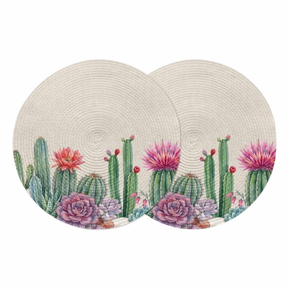 Cactus Tropical Watercolor Round 13 Inch Placemats Set of 2, Linen Texture Summer HeatResistant Non Slip Place Mats for Dining Table, Wipeable Braided Kitchen Table Mats for Housewarming