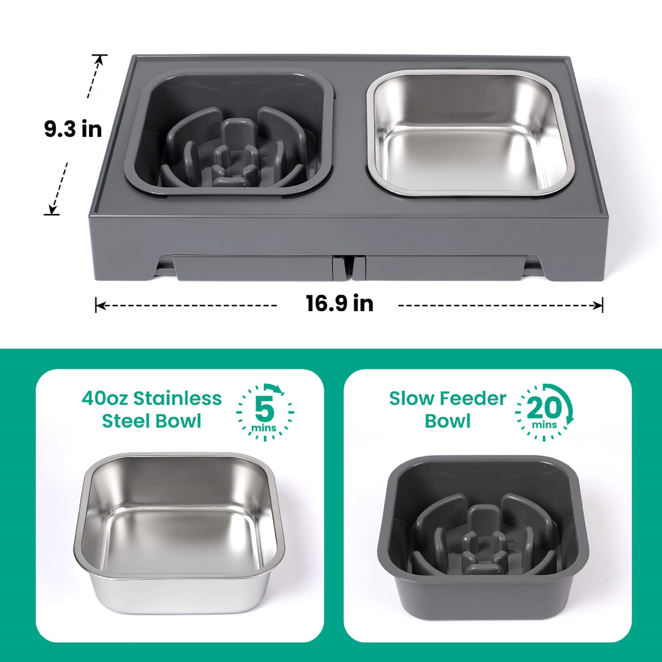 Elevated Dog Bowls with 2 Stainless Steel Dog Bowls, Raised Dog Bowl Adjusts to 5 Heights for Small Medium and Large Dogs,Gray