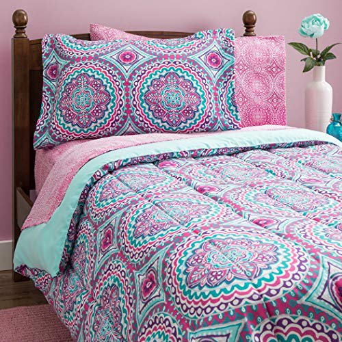 Juego de edredón hippie de 8 piezas para niñas, ropa de cama bohemia con múltiples flores, estampados florales de color verde azulado, violeta y rosa, espíritu hippy inspirado en el estilo indie, flor OS 600663228133