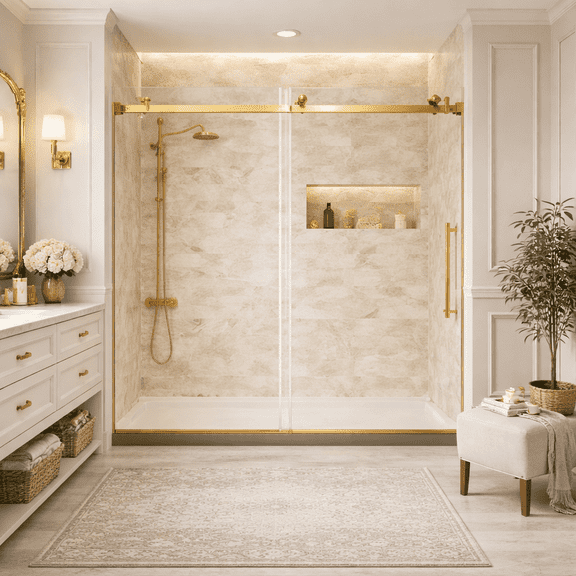 Frameless Single sliding shower door 56-60 "W x 76" H, 1/4 "(6 mm) Clear Tempered Glass, Explosion Proof Film, Stainless Steel Handle Square Tube Track ,Brushed Gold