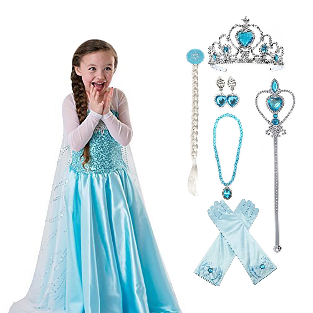 Princess Costume Baby Girls Birthday Party Layered Dress Up with Crown Wand Wig Gloves Full Accessories 