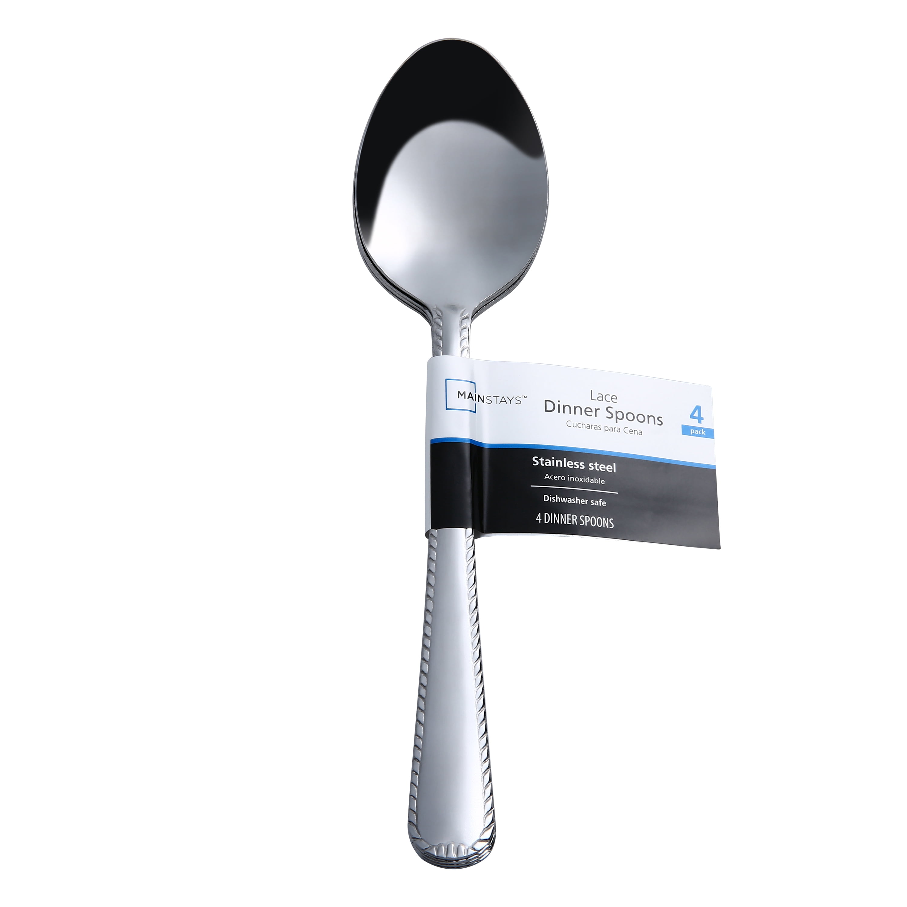 Mainstays Lace Stainless Steel Silver Adult Dinner Spoon, 4- Piece