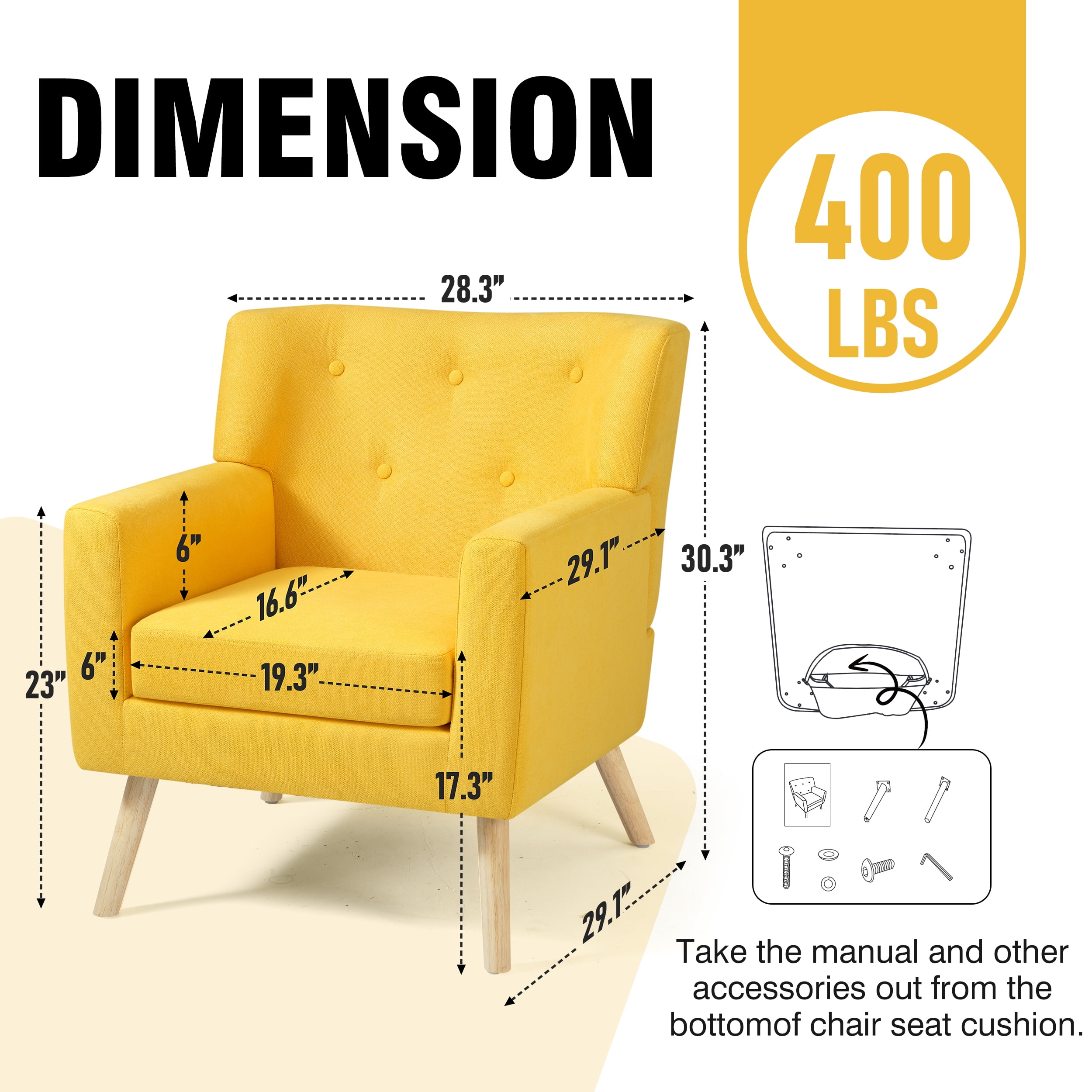 TrumanPick Accent Chair, Modern Upholstered Comfy Sofa Chairs, Fabric Mid-Century Armchair Button Tufted Lounge Chair for Living Room, Bedroom, Yellow