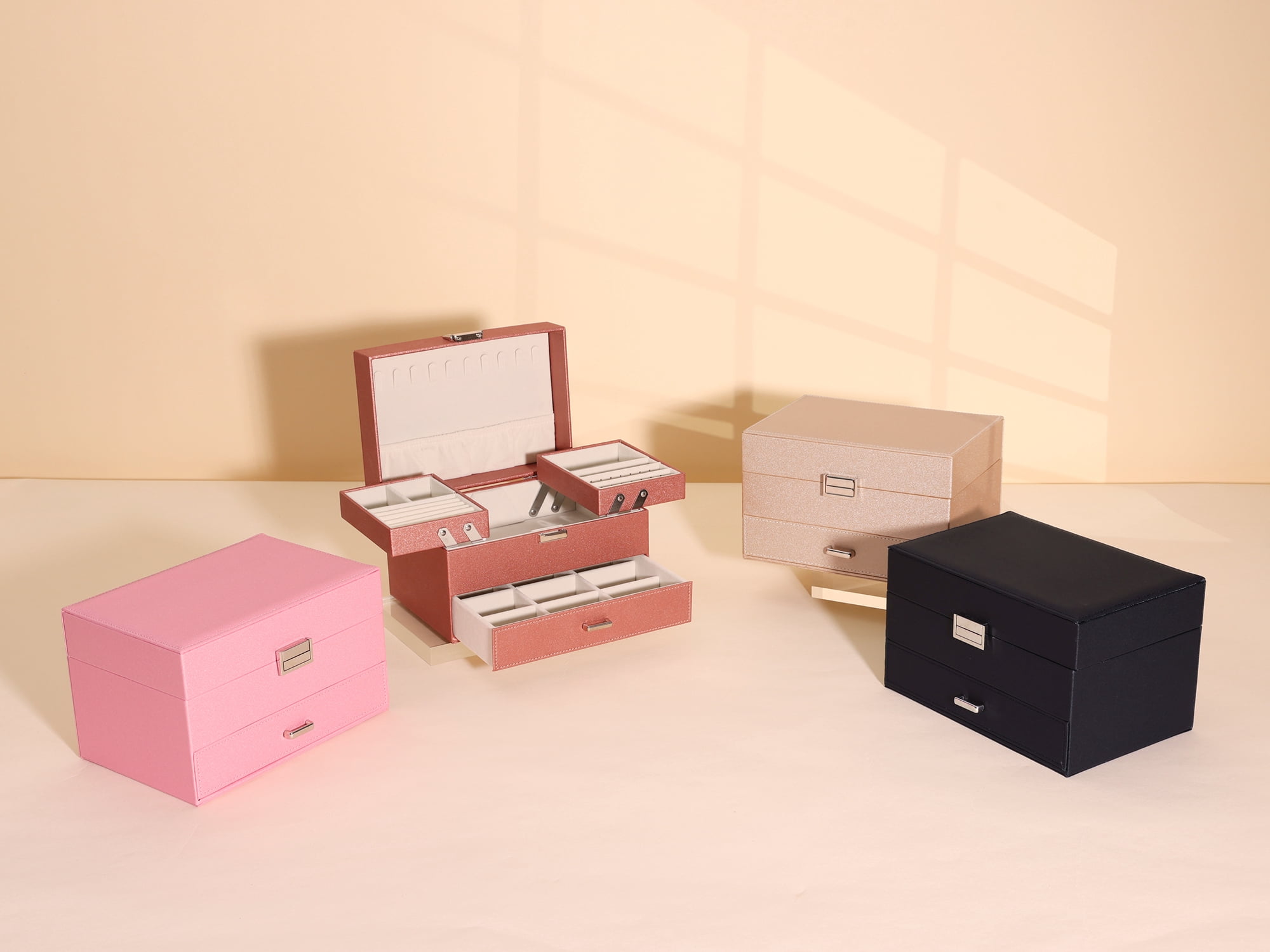 Unique Bargains 3 Layer Jewelry Box PU Leather Organizer Black