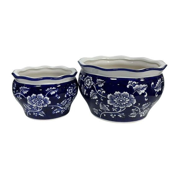 Sagebrook Home Ceramic Round Chinoiserie Planters, Set of 2, Elegant Blue & White Decorative Accent - 9" x 9" x 6"