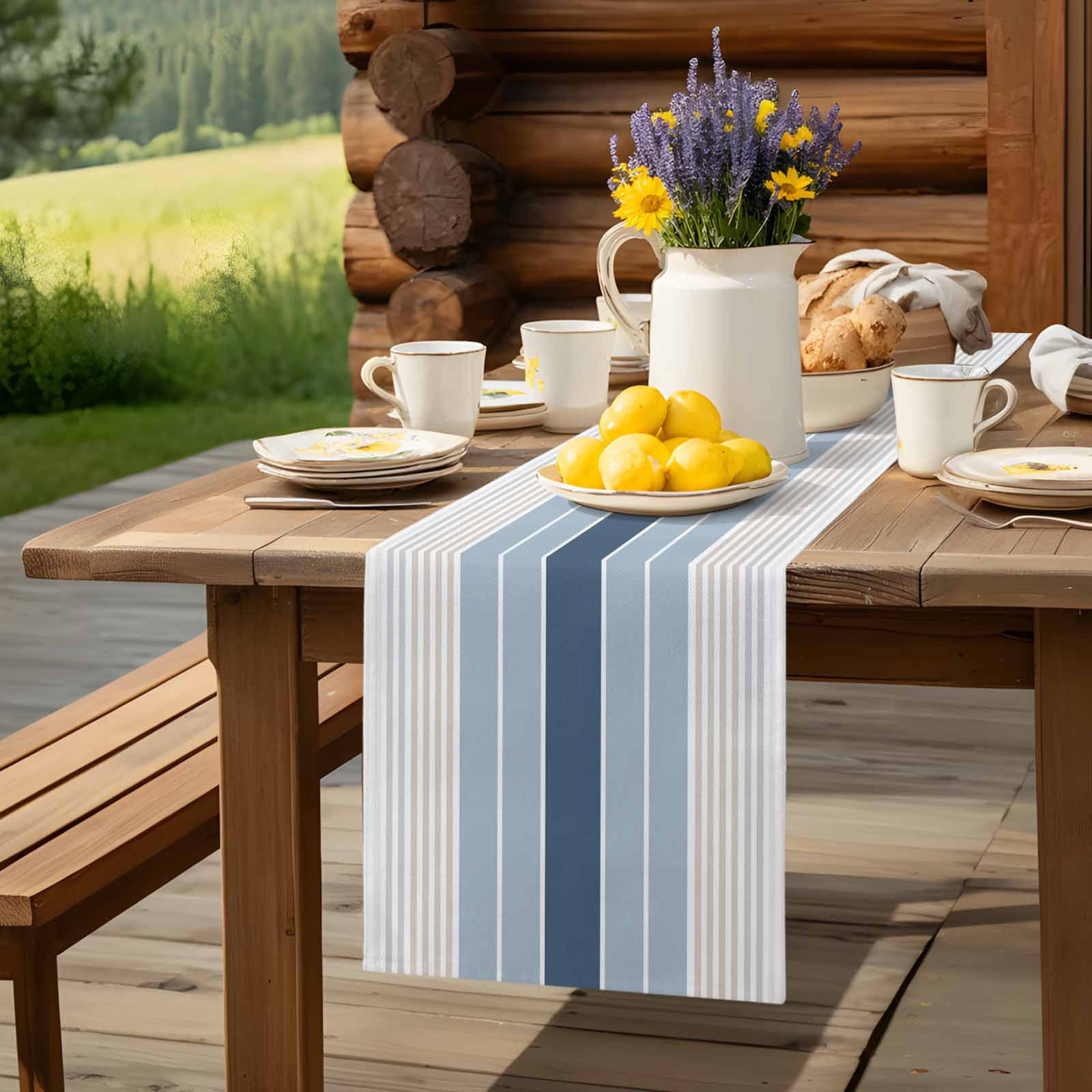 Blue Stripes Abstract Geometric Table Runner 90 Inches Long, Minimalist Style Table Runners Tabletop Scarf Kitchen Dining Tables Decoration for Home Party Indoor Outdoor