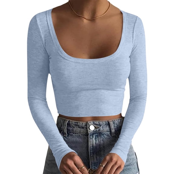 Antqov Womens Long Sleeve Tops, Solid Color Crew Neck Knit Ribbed Cropped Top, Daily Stylish Comfortable Casual Tee Soft Homewear Undershirts