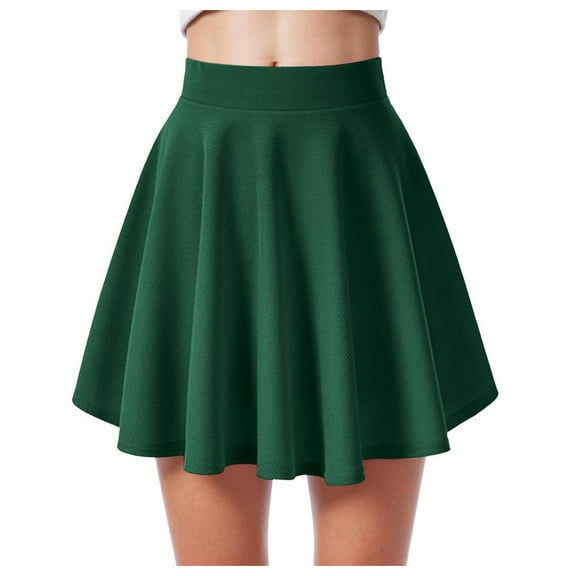 adviicd Women Casual Mini Stretch Waist Flared Plain Pleated Skater Skirt Green, S