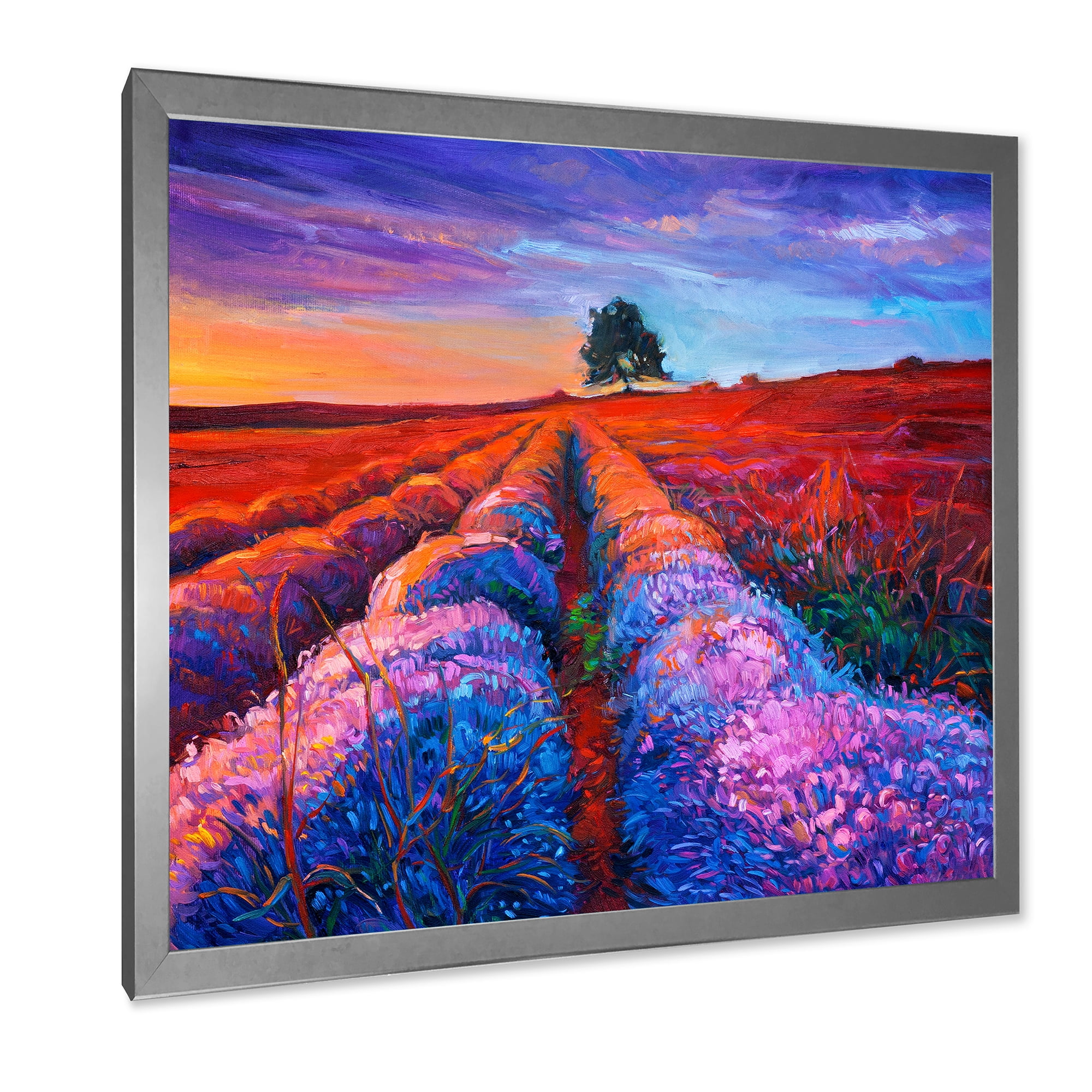 Designart 'Lavender Fields With Distant Tree & Sunset Glow' Farmhouse Framed Art Print
