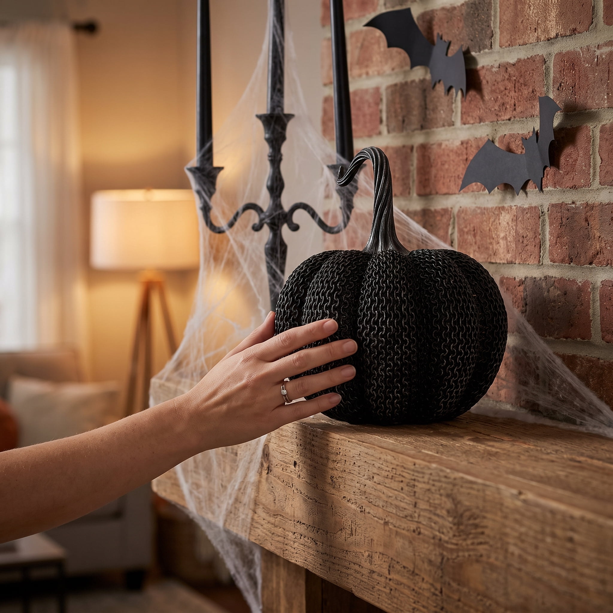 Resin Textured Pumpkin Decoration, Black, 9.5", Halloween by Way To Celebrate