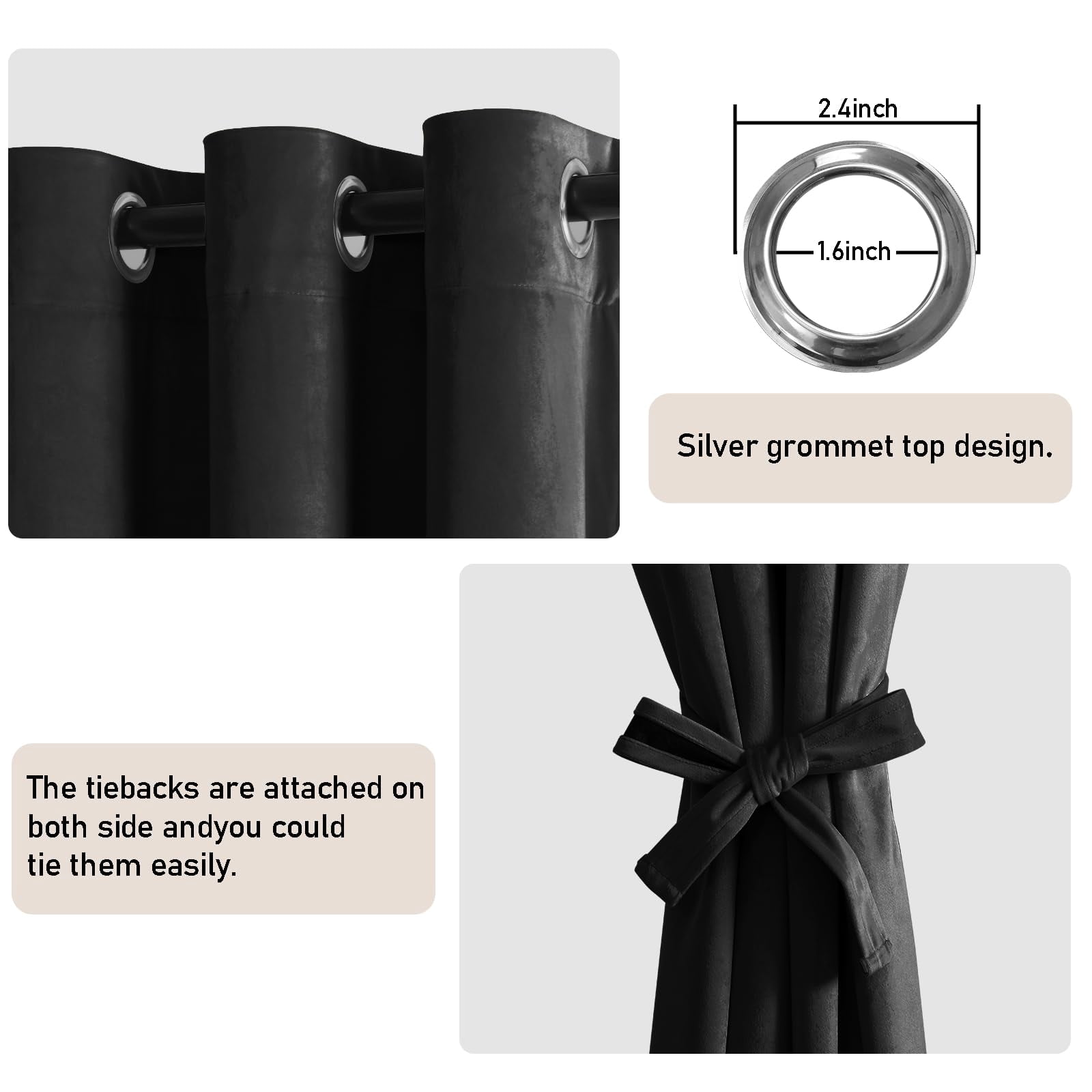 JIUZHEN Black 60 x 96 inches Velvet Blackout Curtains - Extra Wide Insulated Window Covering Noise Absorbing & Privacy Protect Drapes for Living Room/Indoor Decorations, Set of 2 with Tiebacks