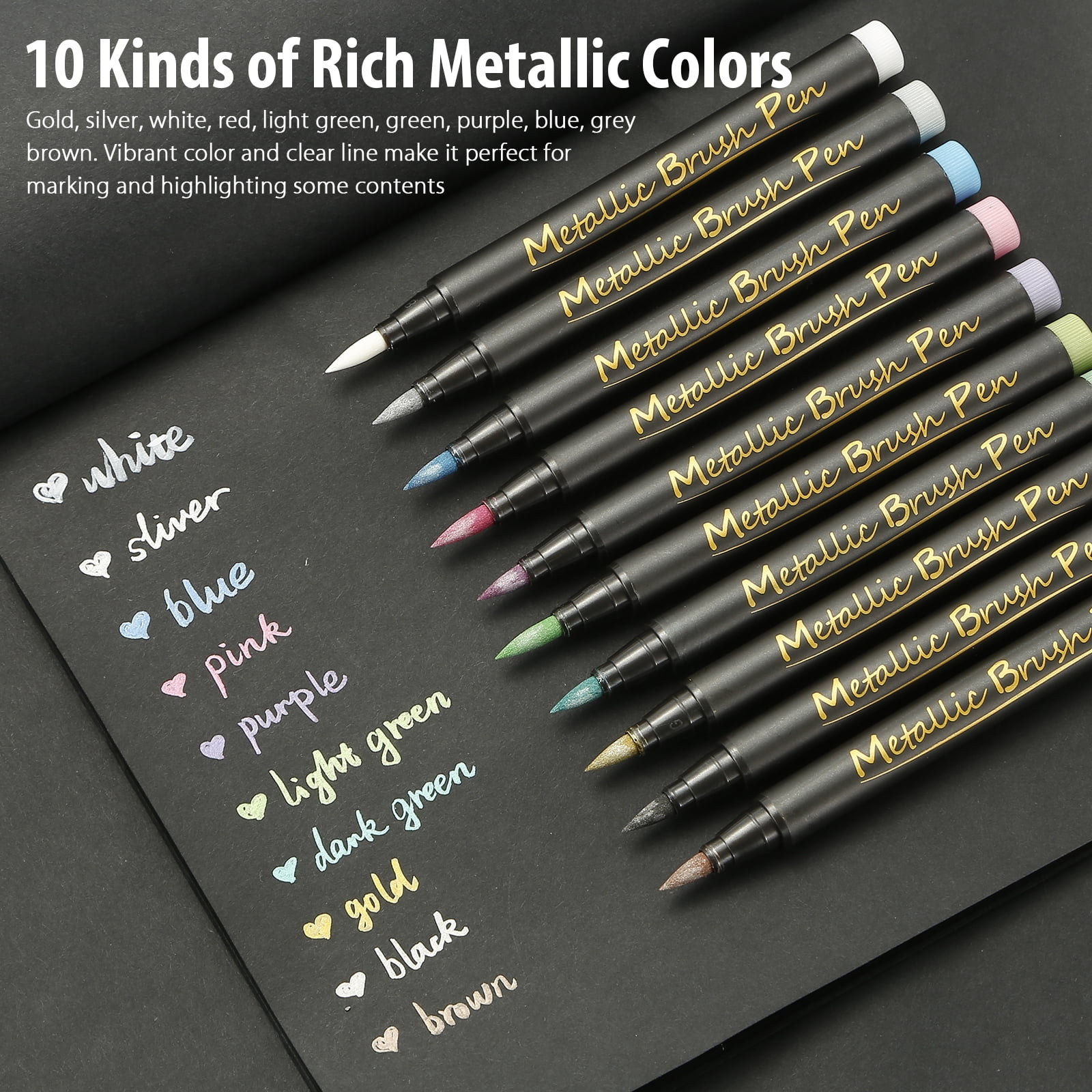 Art Marker for Black Paper, Metallic Brush Marker Pens Set of 10 Colors