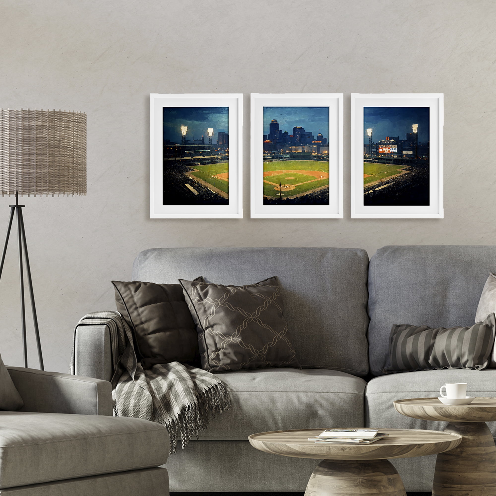 Stupell Industries Baseball Stadium Night View 3 Piece White Framed Print Under Glass Set, design by Arlington Prints