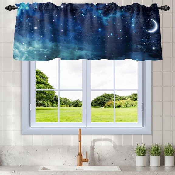 52 x 18 Inch Galaxy Kitchen Curtains Valance Space Nebula Small Cafe Window Curtains Universe Blue Starry Star Moon Rod Pocket Bathroom Short Privacy Window Treatment Drapes Curtains