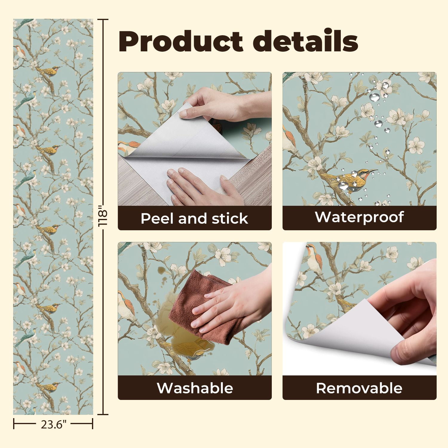 Peel and Stick Wallpaper 23.6in x 9.8ft Chinoiserie Style Birds Blossoms Light Blue Seamless Contact Paper Vinyl Self-Adhesive Removable Wall Paper for Bedroom DIY Home Decor Renter Friendly