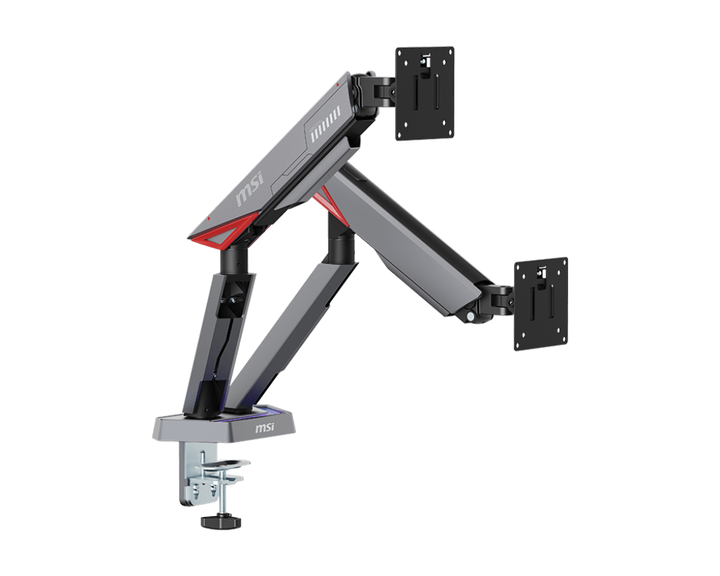MSI MPG MT161DR Premium RGB Dual Monitor Arms, Iron Gray, Supports 17”-38", 35.2 lbs. per flat screen or 28.6 lbs. per curved screen