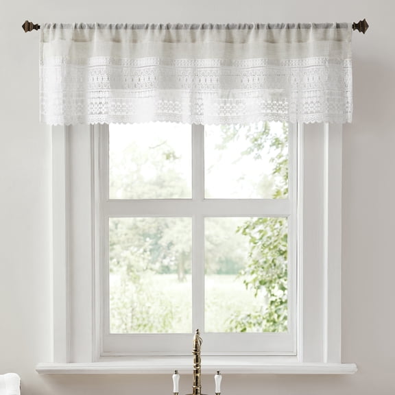 No. 918 Camille Macrame Lace Trim Sheer Rod Pocket Kitchen Curtains, 52"W x 14"L