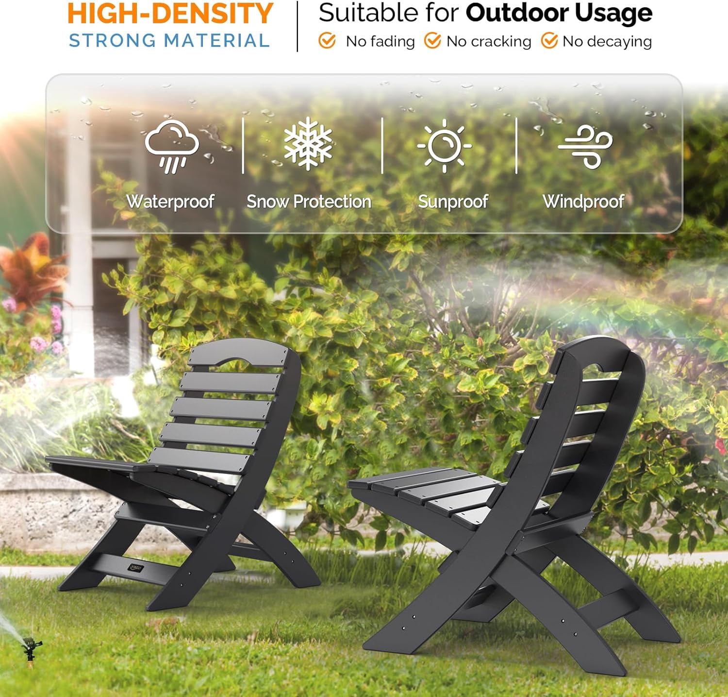 FeGemax Portable Adirondack Chairs, Folding Plastic Adirondack Chair for All Weathers, Outdoor Fire Pit Chairs for Patio Poolside Porch Beach, Capacity 350 LBS, Black