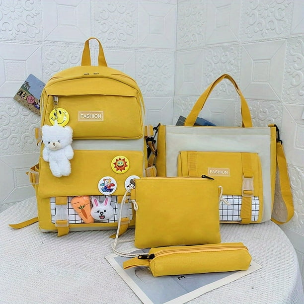 4 5pcs Backpack Crossbody Bag Handbag Drawstring Bag And Pen Bag Set Simple Solid Color Student Backpack With Cute Badge Cute Sweet Student Backpack Girls Backpack Preppy Large capacity Travel Bac Wal...