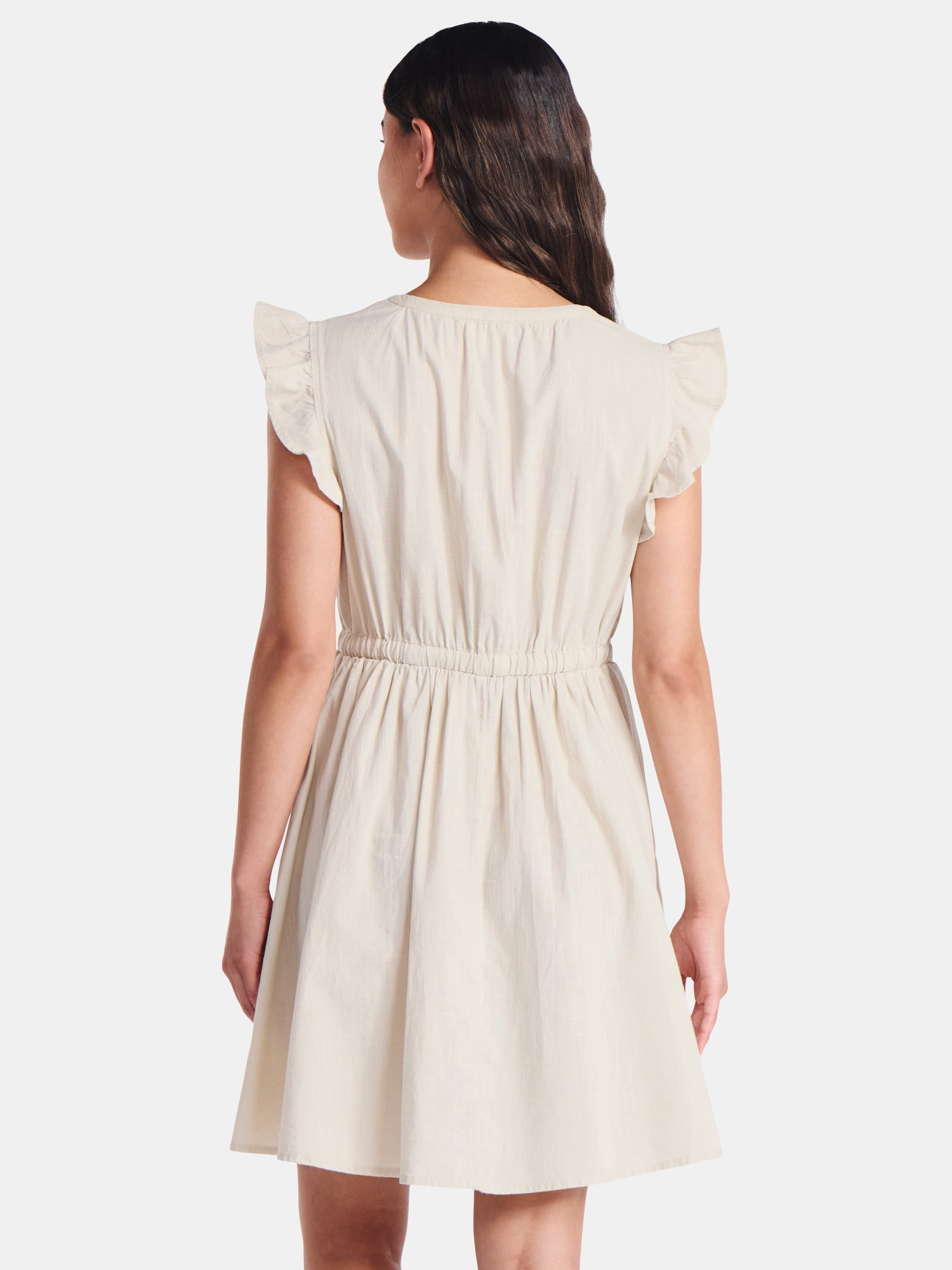Time and Tru Women's and Women's Plus Button Front Cotton Mini Dress with Flutter Sleeves, Sizes XS-4X