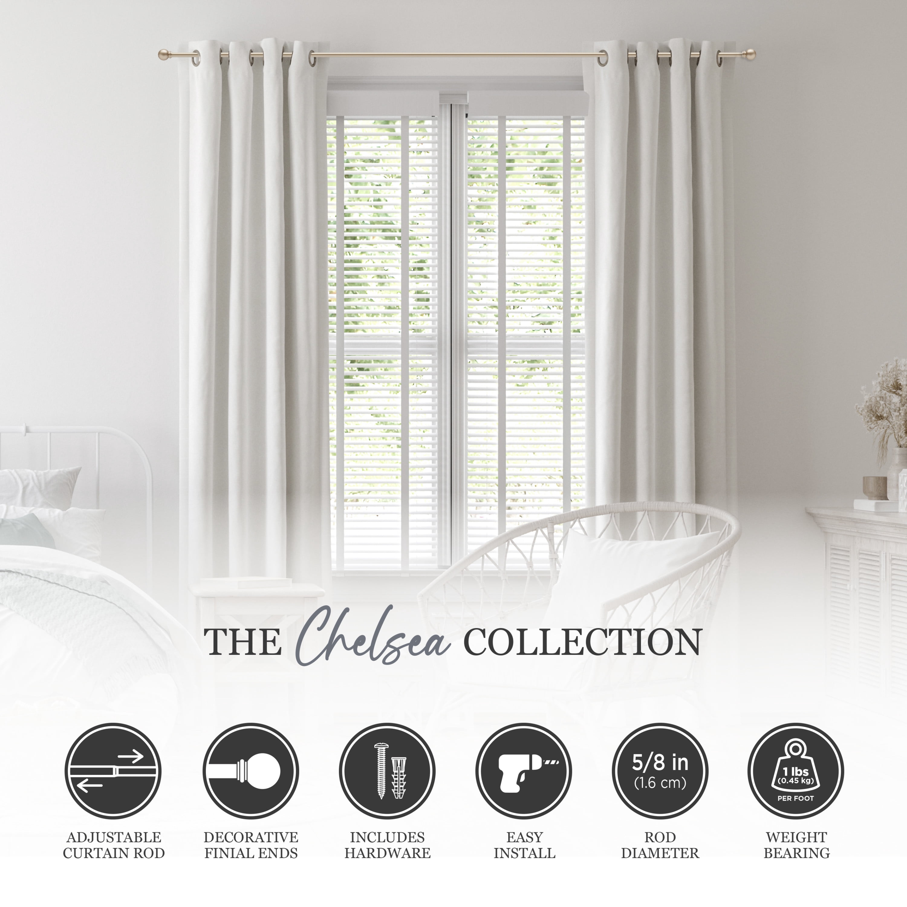 Kenney® Chelsea 5/8" Standard Decorative Window Curtain Rod, 48-86", Soft Brass