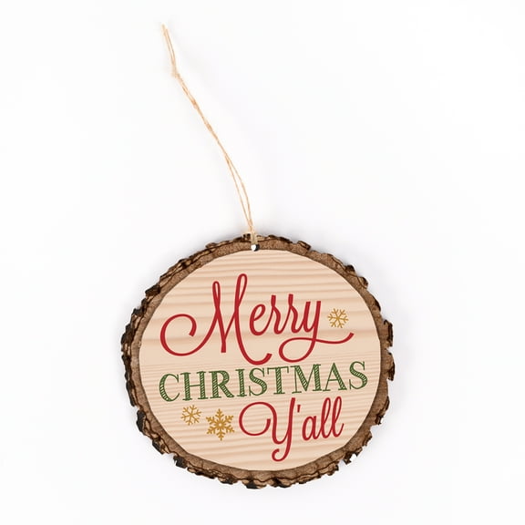 P. Graham Dunn Merry Christmas Y'all Snowflakes Rustic Bark Look Wood Christmas Ornament