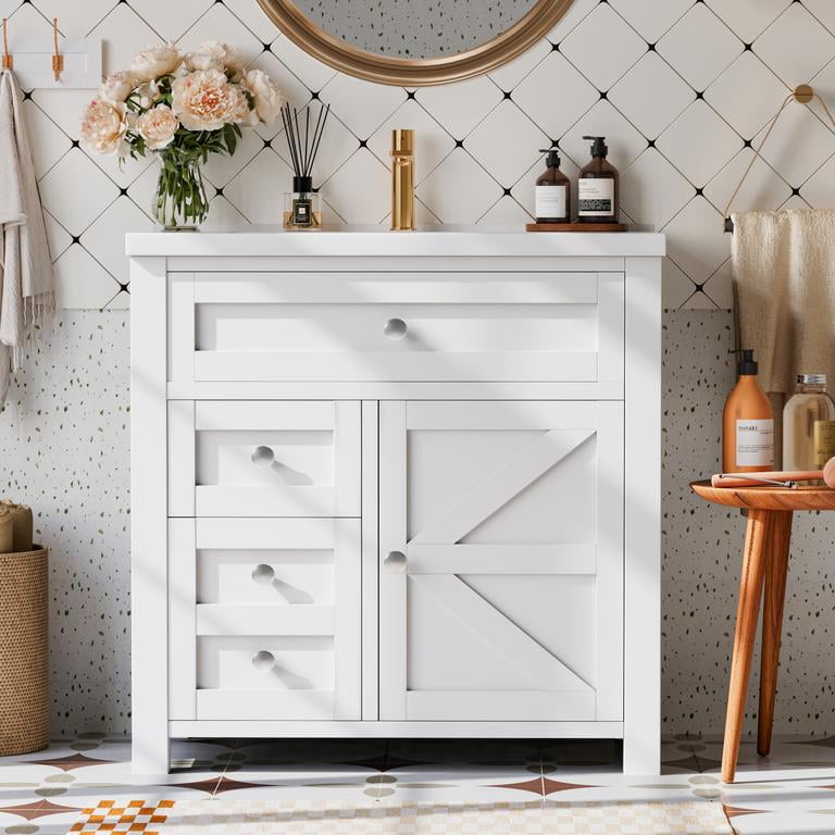 Lacoo 30'' Bathroom Vanity with Resin Sink, Wood Bathroom Storage Cabinet with Drawers and Shelves for Bathroom, White