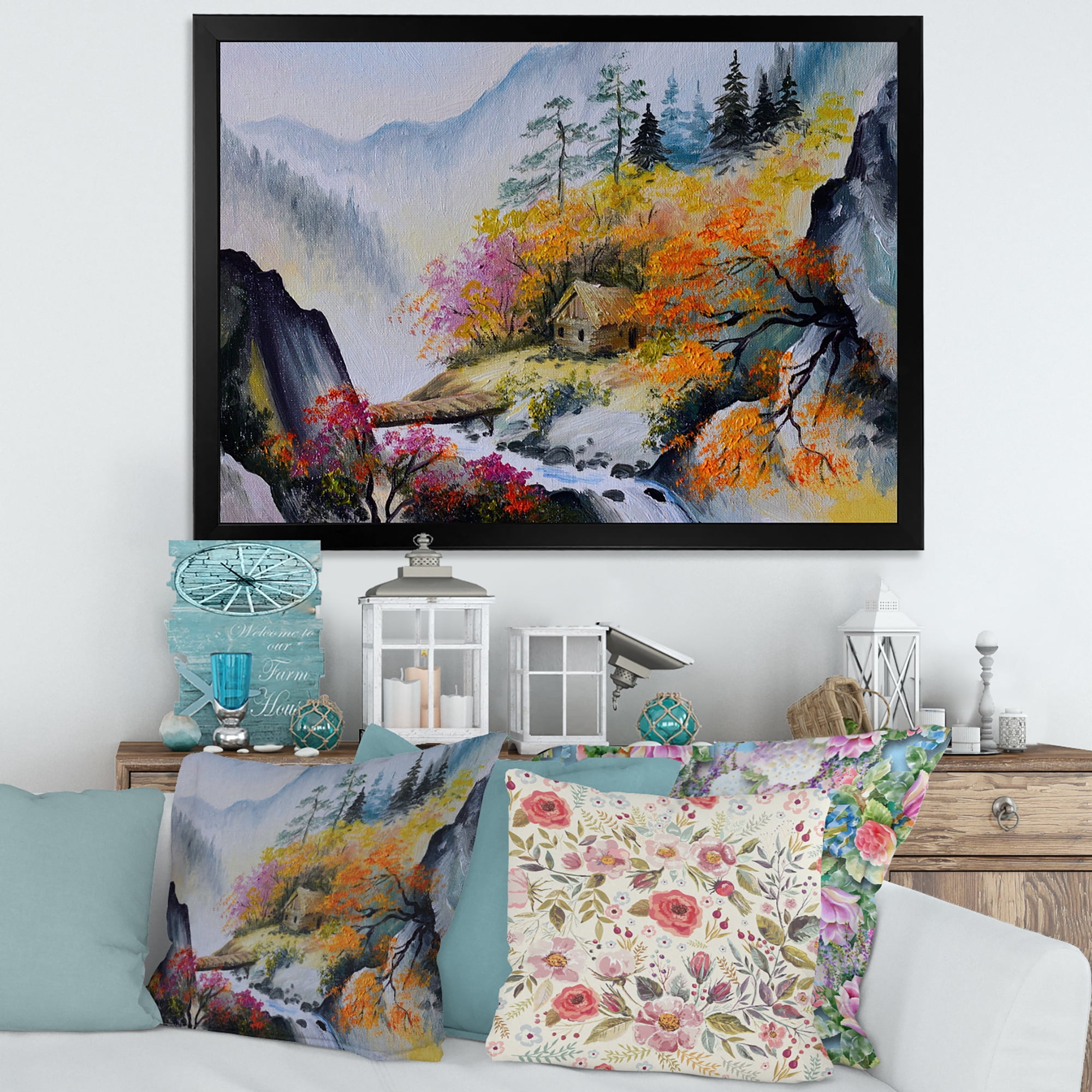 Designart 'VIbrant Mountain Landscape With Little House' Traditional Framed Art Print