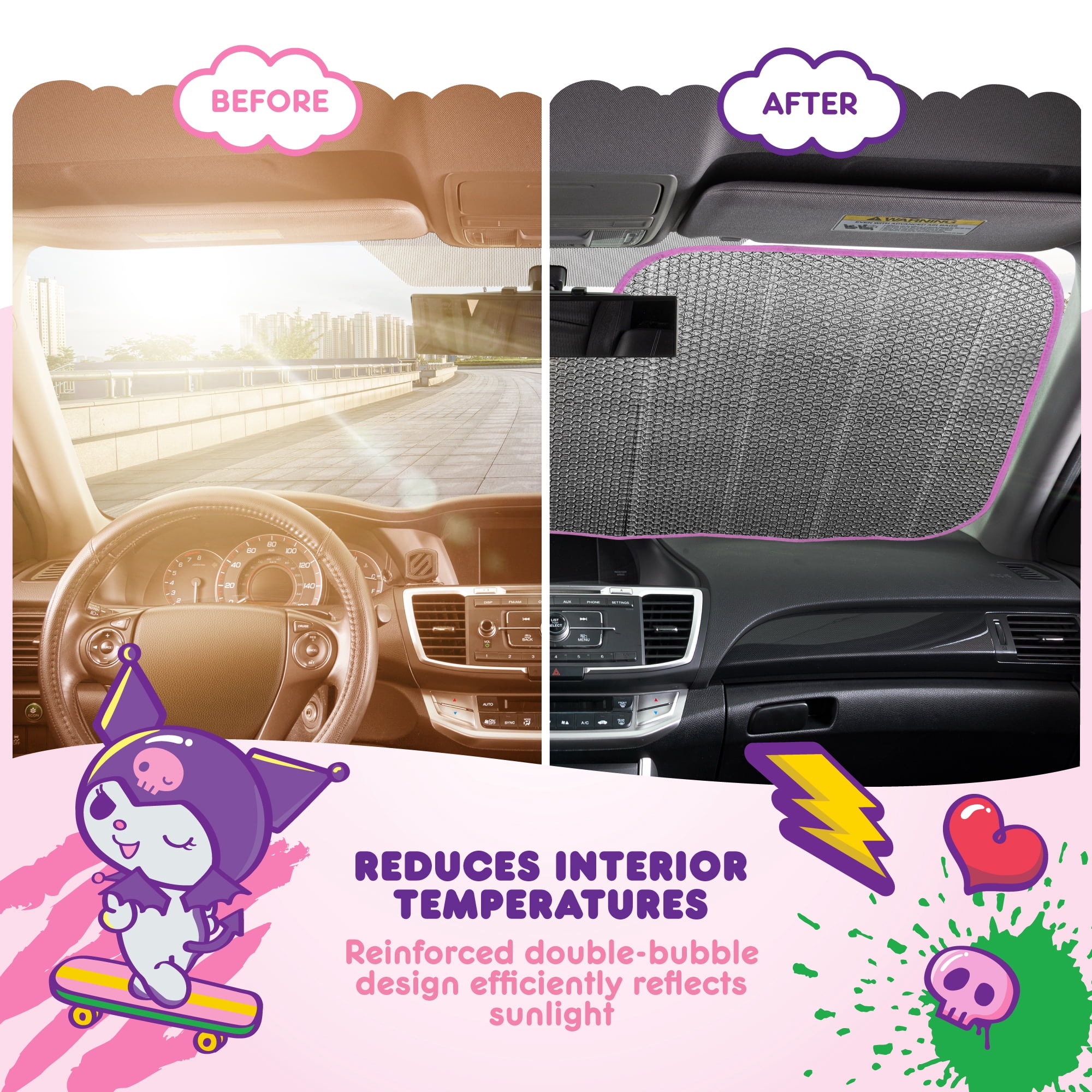 Carbella Hello Kitty and Friends Car Windshield Sun Shade, Official Sanrio Accordion Style Sunshade for Car Window, Cute Car Sun Shade Windshield, Hello Kitty Car Accessories for Women (HK & Friends)