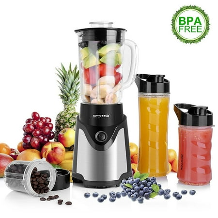 Smoothie Hand Blender BESTEK 300W 2-in-1 Blender and Coffee Grinder, Single Serve Smoothie Milk-shake Maker with 20oz Glass Jar, 2 BPA-Free Portable Bottles and Travel Lids (300W/Black) ()