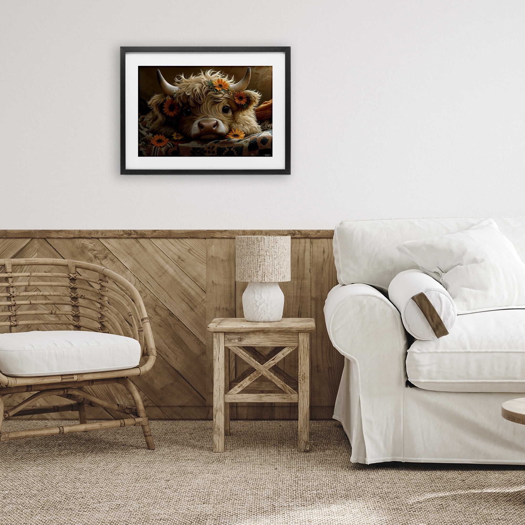Adorable Flower Bedecked Cattle Black Framed Print Under Glass, design by Momart