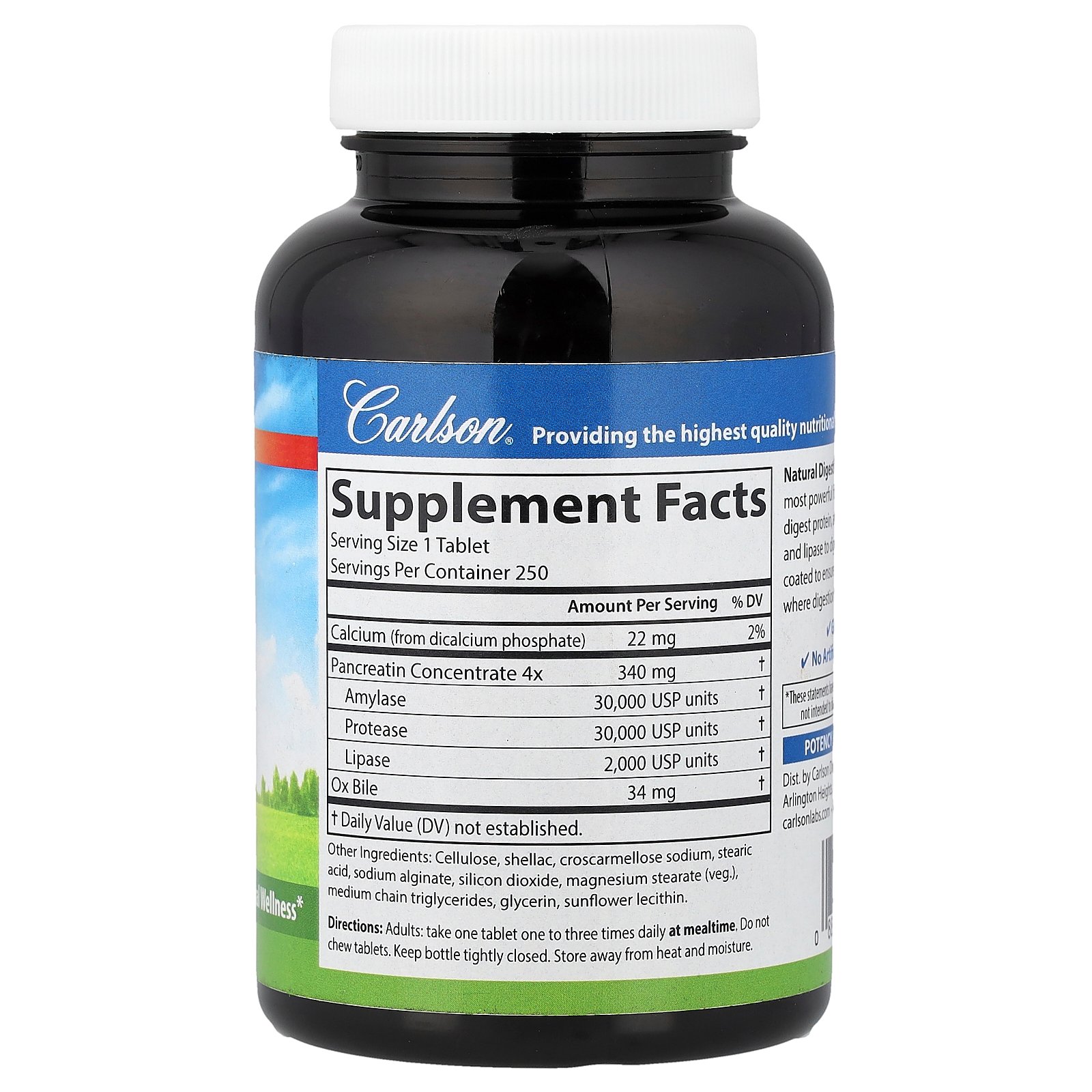Carlson Natural Digestive Enzymes with Protease, Amylase & Lipase, 250 Tablets