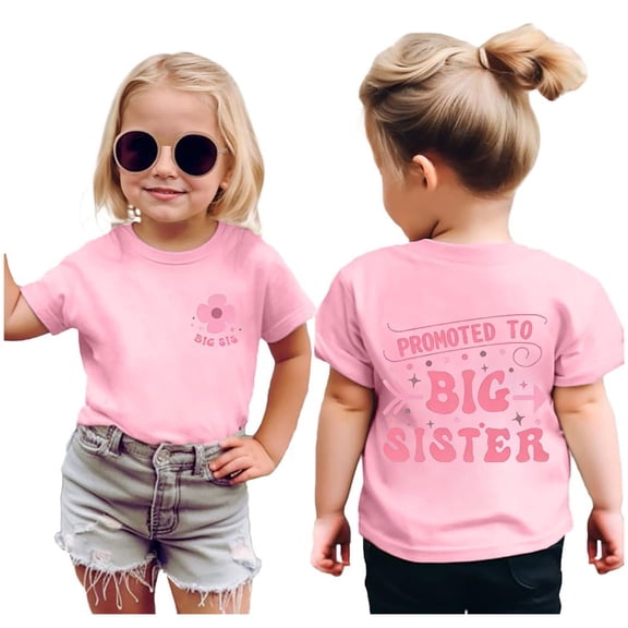 Girls "PROMOTED TO BIG SISTER" Graphic T-Shirt Toddler Kids Short Sleeve Round Neck Tee Casual Sibling Announcement Summer Top for Ages 3-13 Years