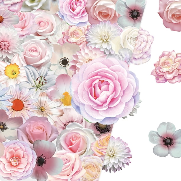 Paquete de pegatinas PET de vinilo floral transparente, 50 unidades, flor rosa