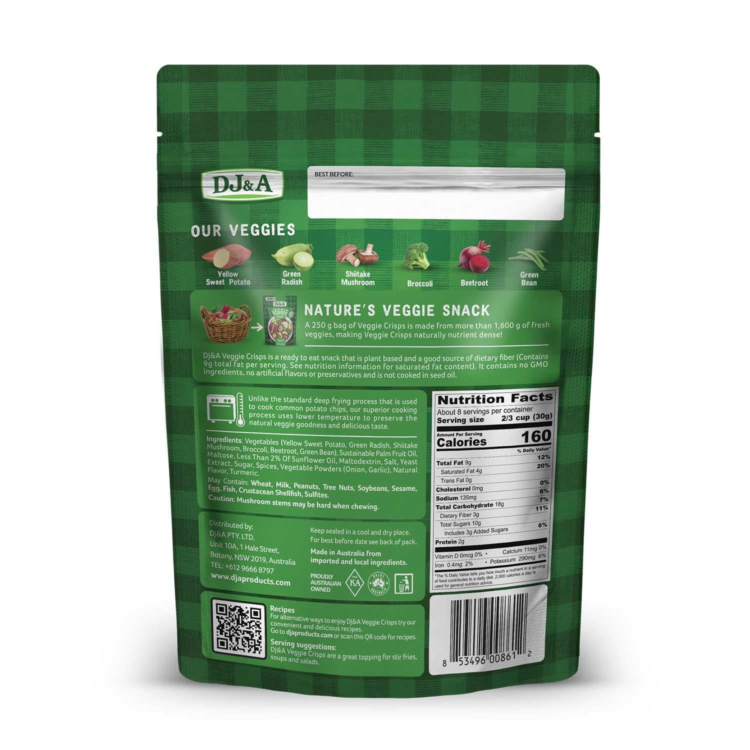 DJ&A Veggie Crisps Original, Healthy Vegetable Chips, 8.8 oz. With White Bowl By OMA