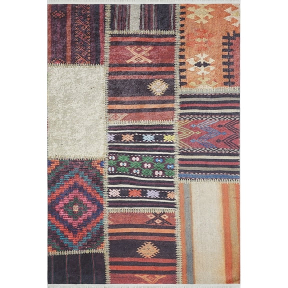 Blonie Burgundy Patchwork Polyester Area Rugs for Living Room Washable Rugs Boho Moroccan Area Rug Soft Geometric Bohemian Carpet Distressed Indoor Rug for Bedroom Dining Room Office Nonslip Rug